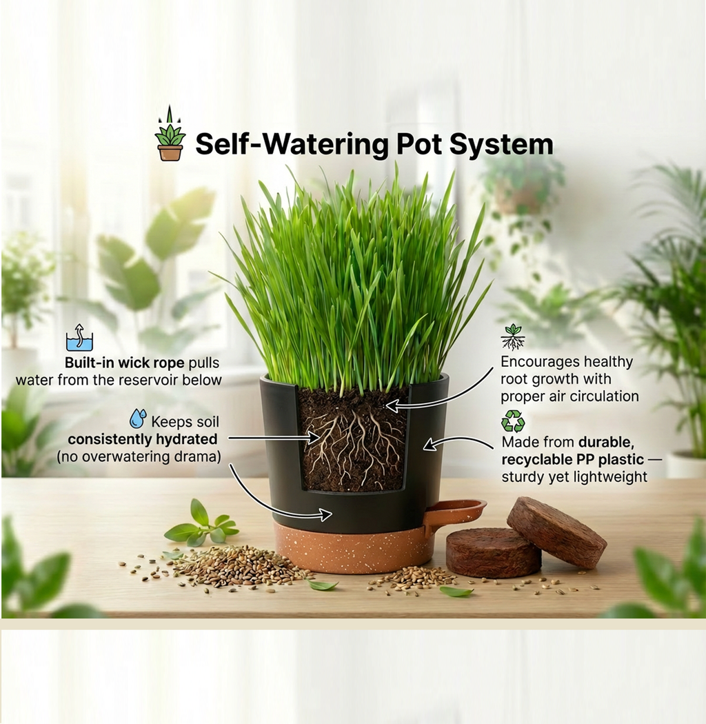 Self-watering pot system for cat grass kit — House Tiger